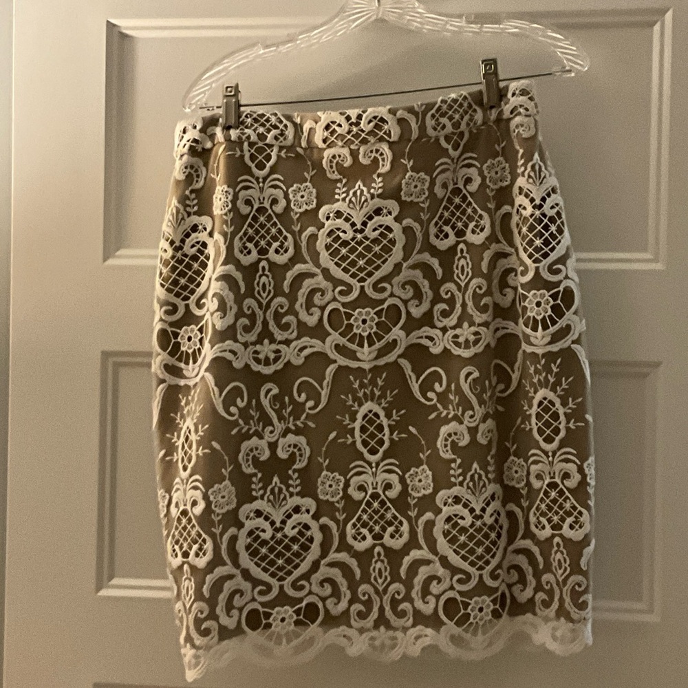 Badgley Mischka Tan and White Embellished Pencil Skirt